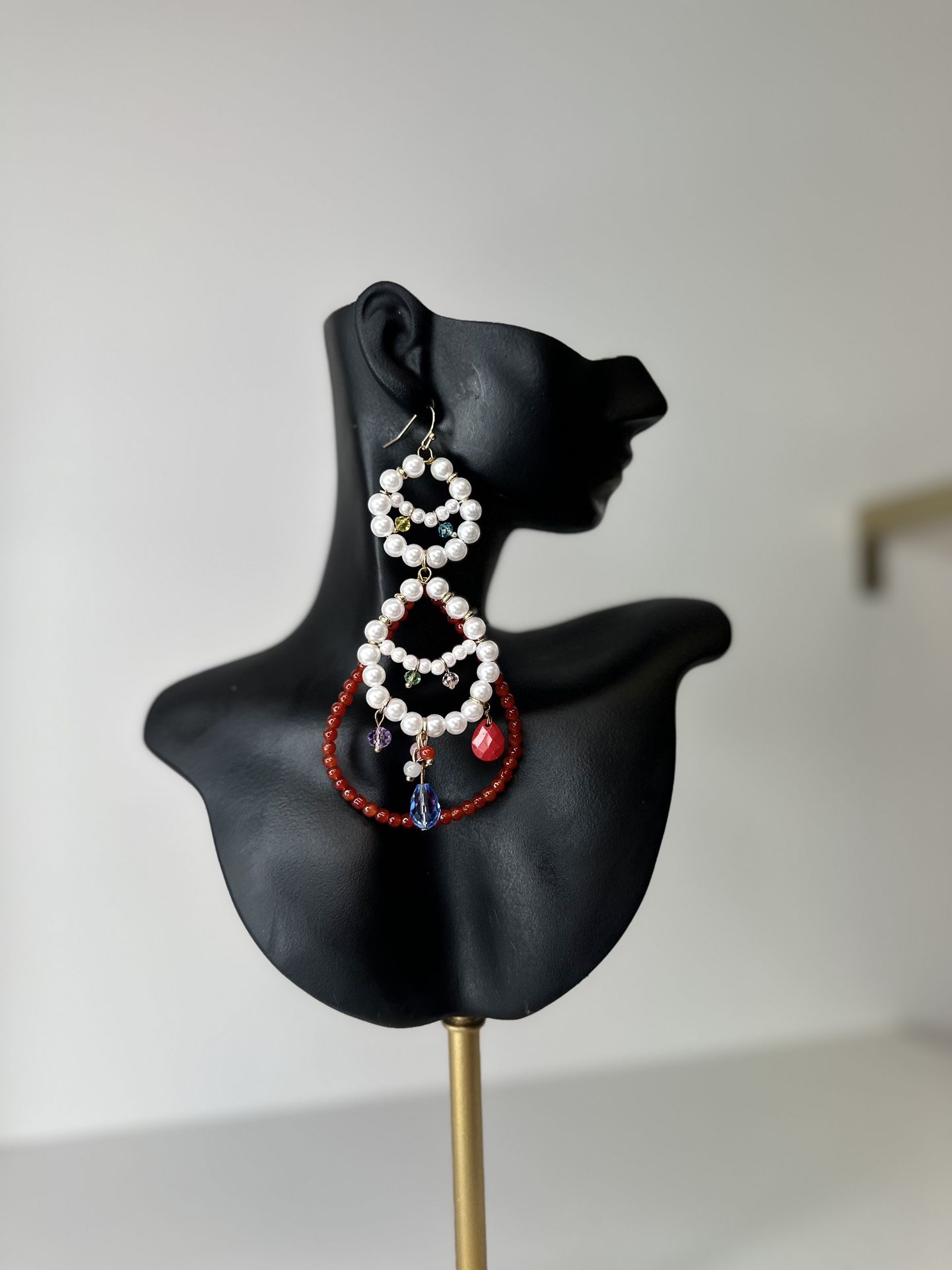Large Bohemian Handmade Beaded Long Pearl Drop Earrings