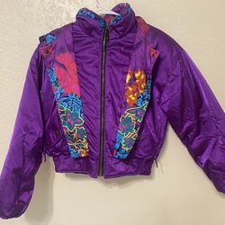 Vintage Obermeyer  Jacket Womens 8 Purple Floral 80s 90s Bright Retro Snow Coat