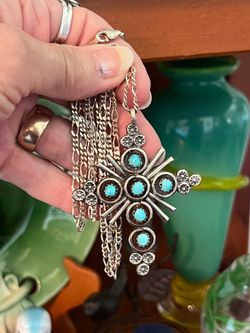 Vintage Zuni  Snake Eyes Sterling Silver & Turquoise Large Cross Pendant Necklace