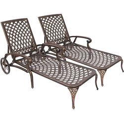 Lounge Chairs for Outdoor, Patio Lounge Chaise Cast Aluminum Chairs with Cushion, Chaise Lounge Chair with Adjustable Backrest and Moveable Wheels for