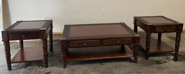 Coffee Table Set – Solid Wood & Leather Accent (3 Piece Set)