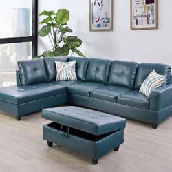 Blue Leather Sectional Couch And Ottoman