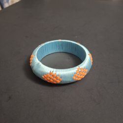Woven Geometric Patterned Bangle Bracelet By Anthropologie , Aqua Blue & Orange In Silk Like Thread 2.5" Opening 