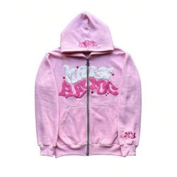 Pink Letter Print Zip Up Hoodie