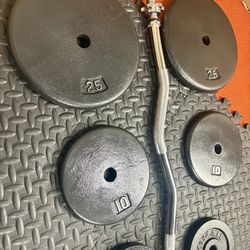  Steel Standard Curl Bar W/Weight Plates: 25s, 10s and 5s ponders. 94# Brute W.