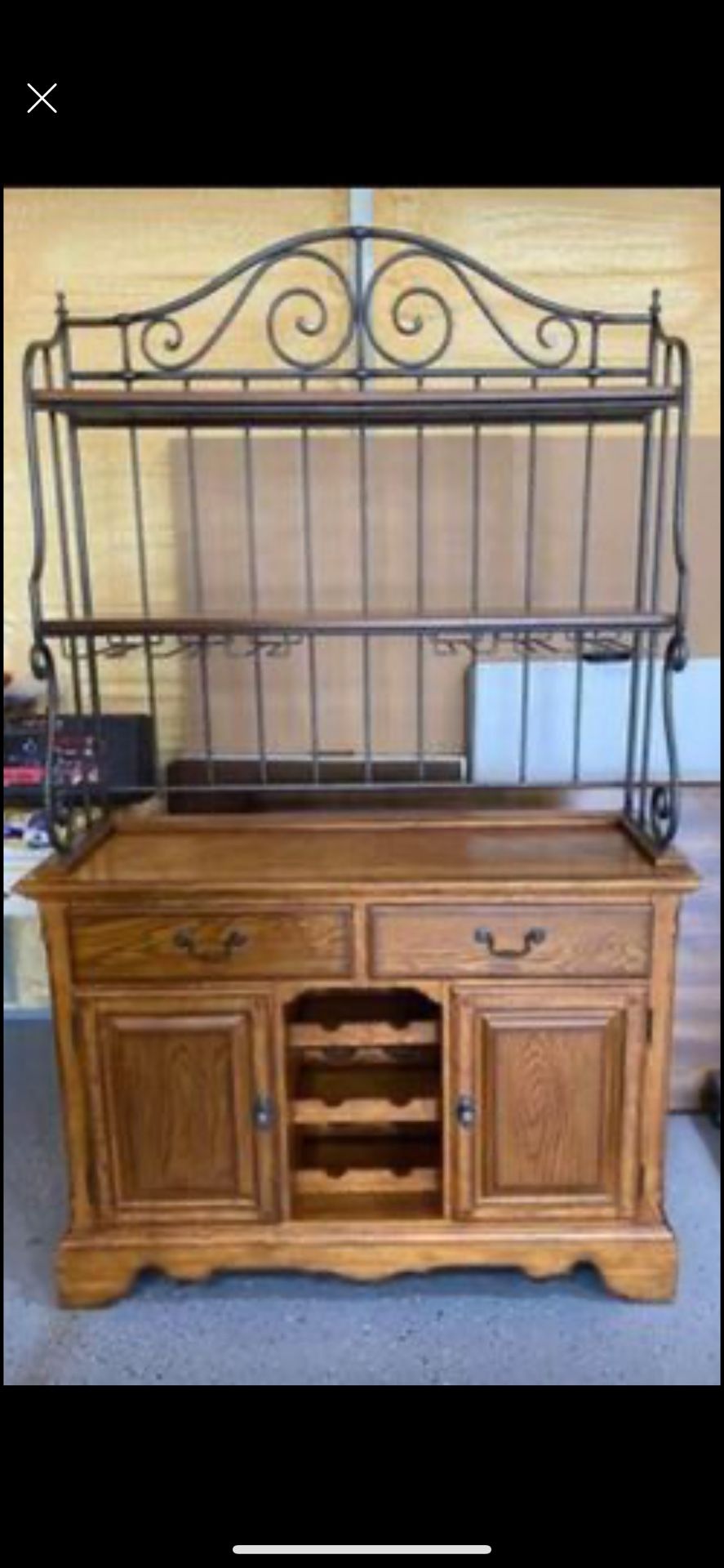 Beautiful Wood Hutch, Bakers Cabinet Or Bar. 2 Pieces. Shelves. Wine Glass Holders. Wine Storage And Covered Storages With shelves And Doors