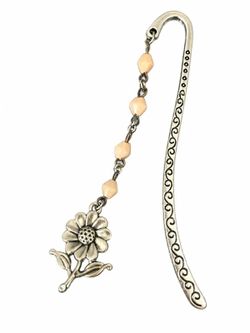 Flower Charm Beaded Metal Bookmark – Peach & Silver-Tone
