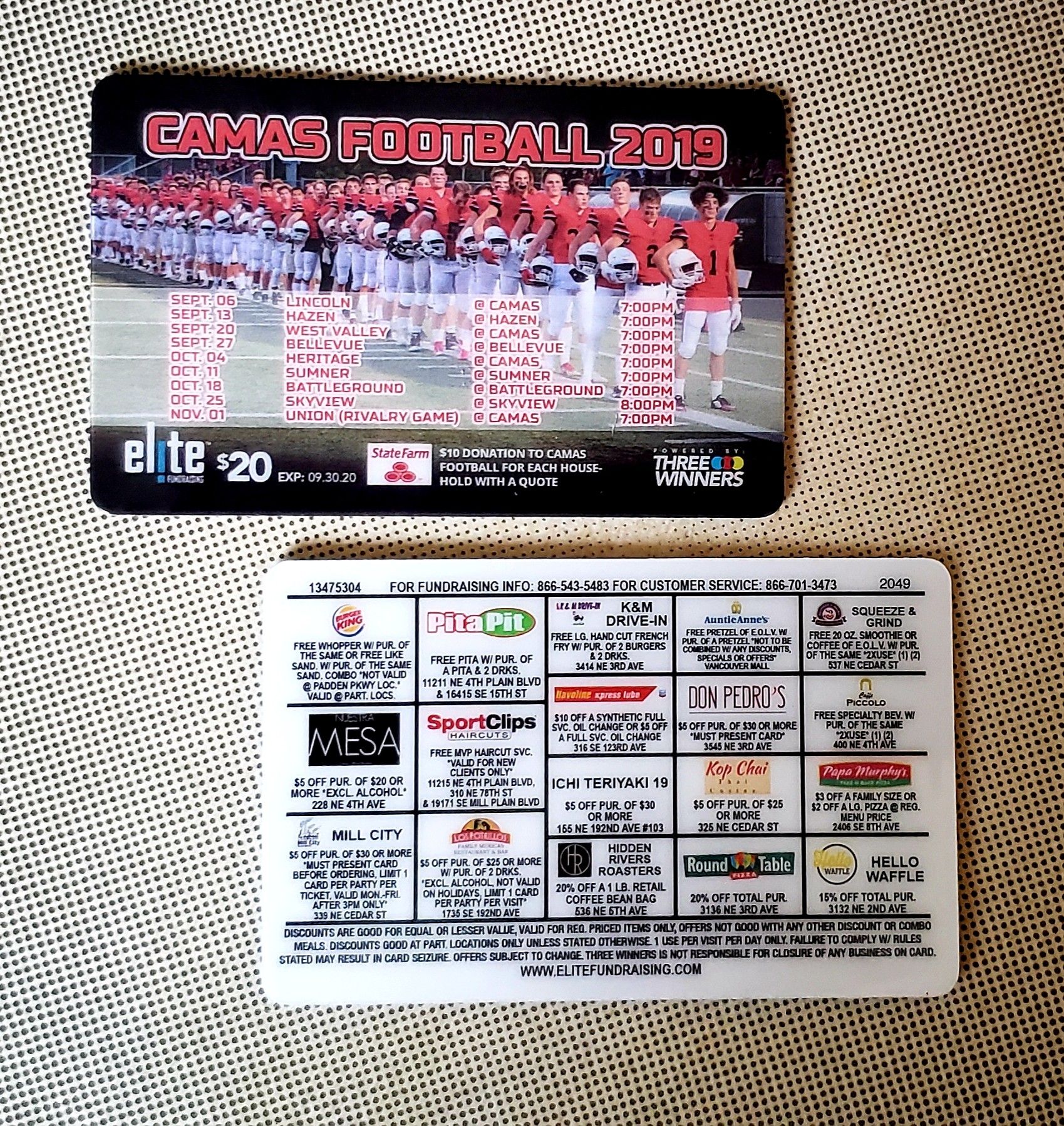 Football Fundraiser Card - Vancouver/Camas Area