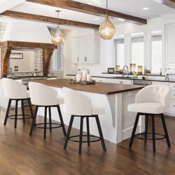 Set 2 Counter Height Bar Stools, 26" Swivel Fabric Upholstered with Backs, for Kitchen Island, Beige