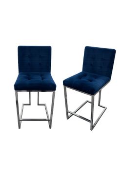 Set of 6 Navy Blue Velvet Bar Stools – Modern Chrome Base – Excellent Condition