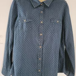 Sonoma LIFESTYLES Denim Womens Top Plaid Large Cotton Blue Roll Button Sleeves 