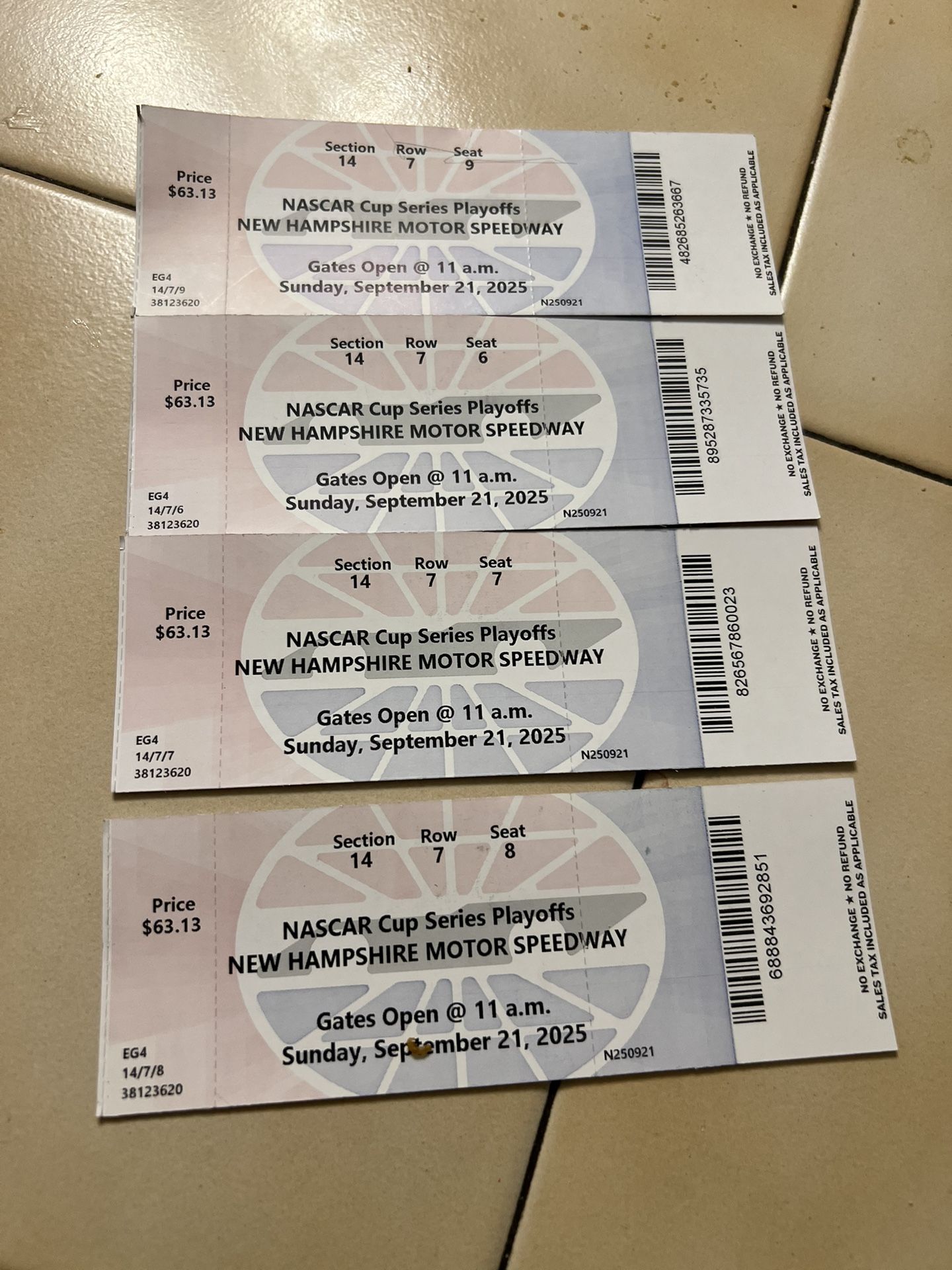 4 Tickets NASCAR Cup Series Playoffs NEW HAMPSHIRE MOTOR SPEEDWAY Gates Open 11 a.m.Sunday,September 21