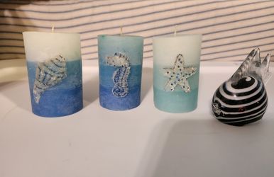 3 Decorative Beach Candles Plus Small Fish Paperweight 