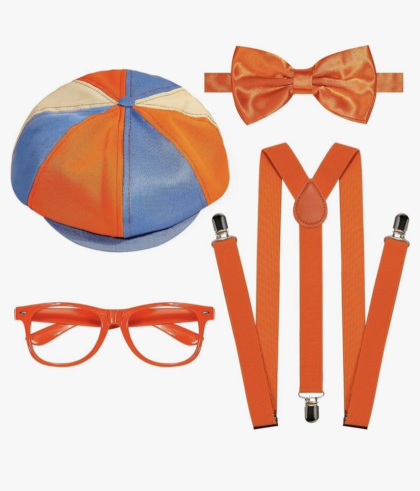 Blippi 4PCS Halloween Costume Accessories Set for Kids - Blue & Orange Hat, Orange Suspender, Bow-tie and Glasses for Boys G