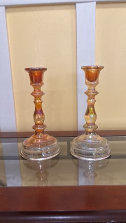 Pair of 1920s Marigold Carnival Glass Candlestick Holders