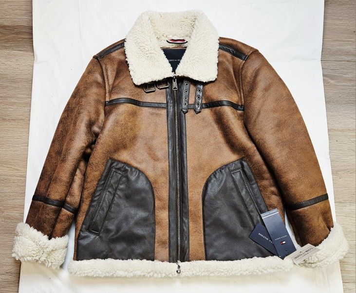 Tommy Hilfiger Mens Premium Faux Shearling Fabric Aviator Bomber Jacket Size L