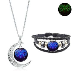 Luminous twelve constellations necklace set silver hollow moon pendant leather bracelet jewelry set