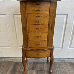 Solid Oak 7-Drawer Jewelry Armoire with Mirror