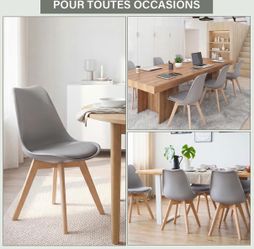 Mid‑Century PU Leather Dining Chairs Set of 4, Padded Tulip Chairs, Solid Beech Wood Legs, for Kitchen Living Room, Gray