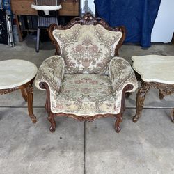 Vintage Hand Crafted Chair, Side Tables W/ Marble Tops