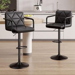 Hawsaiy Modern Bar Stools Set of 2, PU Leather Adjustable Swivel Bar Chairs with Armrests and Back, Hydraulic Counter Height Stools with Footrest for 