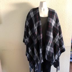 Shawl Wrap Womens One Size Soft Plaid Fringe Black/White/Red Cozy 