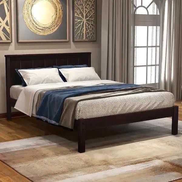 New Espresso Twin Platform Bed Frame with Headboard Wood Slat Support
