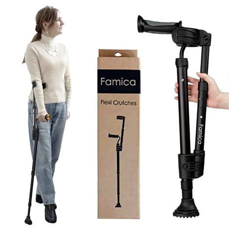 Famica Crutch for Adult (x1 Unit, Open Cuff) - Adjustable Ergonomic Handles, Cuff, Height, Foldable, Lightweight and Non-slip Forearm Crutches New