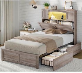 MSmask Farmhouse Bed Frame Twin Size with Bookcase and Storage Cabinets Headboard, Wood Platform Bed with LED Lights, Charging Station, 4 Drawers, Dec