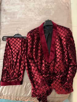 ASOS Red Velvet Diamond Sequin Burgundy Skinny Suit