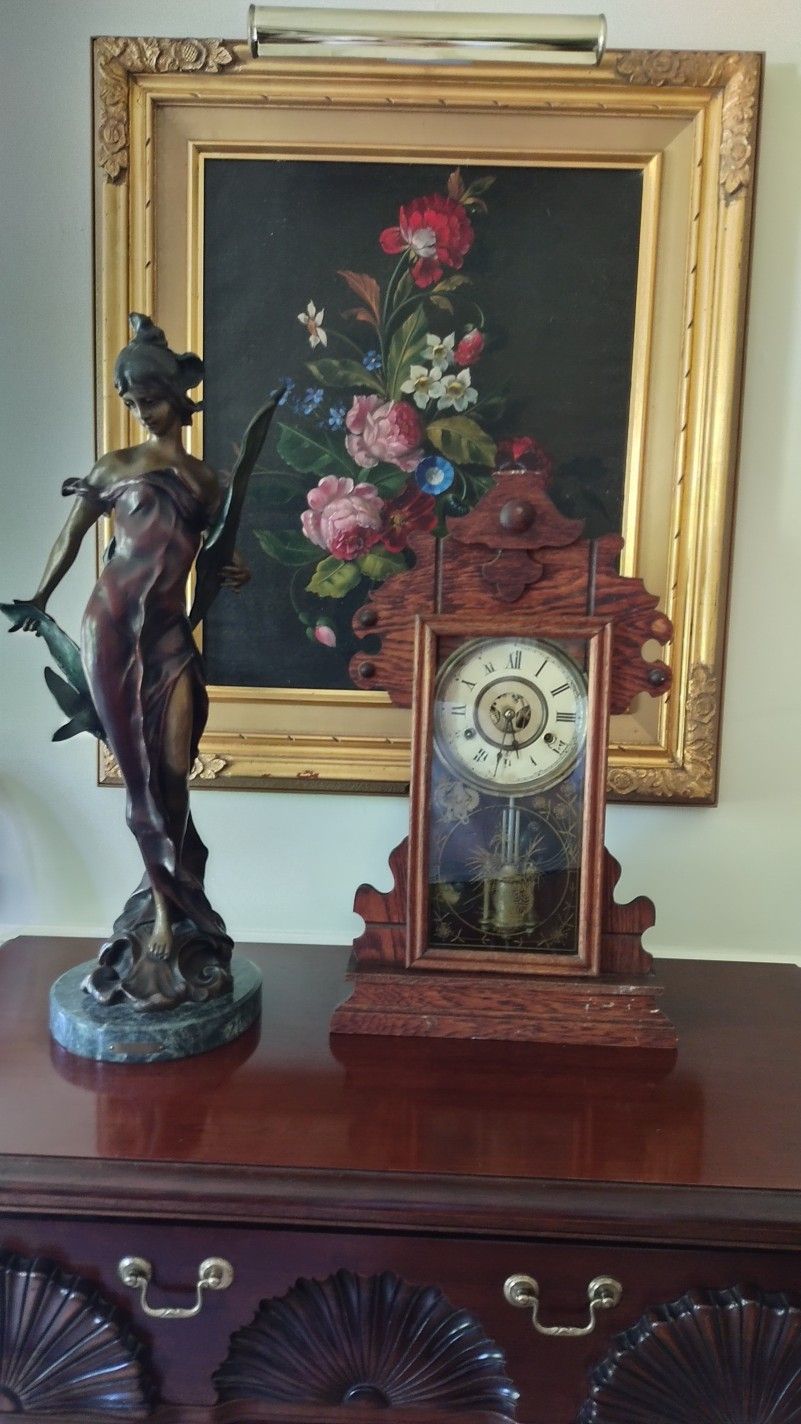 Antique Mantel Clock Oak 13W X 21H