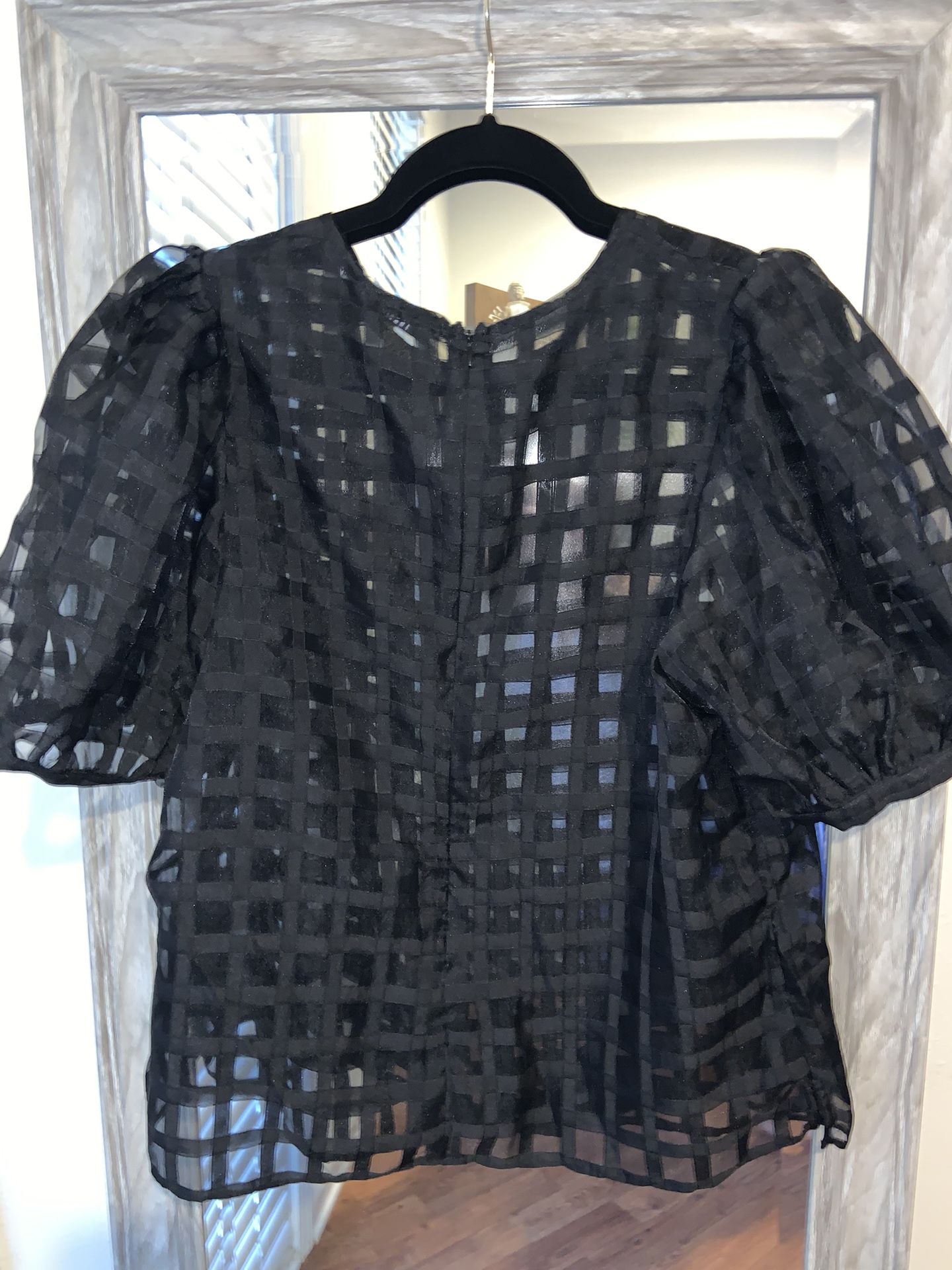Women's Plaid Sheer Puff Sleeve Top