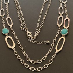 60” SilverTone Link Necklace With Turquoise Stones
