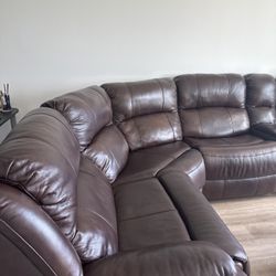 Large Brown Leather Reclining Sectional + Storage + USB and tables 