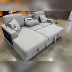 Contemporary Gray fabric Sectional pullout sleeper bed with Storage & Charging Ports