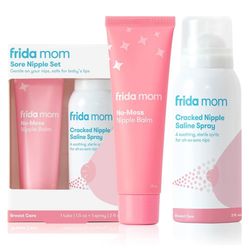 Frida Mom Juego de crema para pezones y solución salina, esenciales para la lactancia materna + par de pezoneras de silicona 