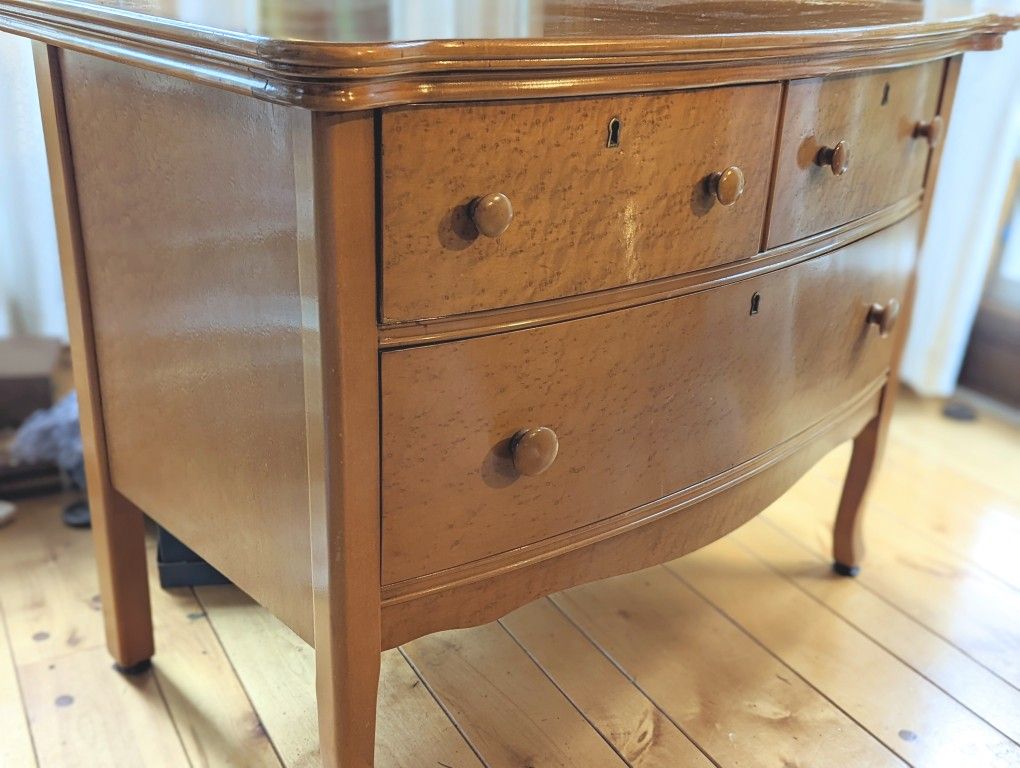 Antique Birdseye Maple Dresser, Mirror, and Chairs