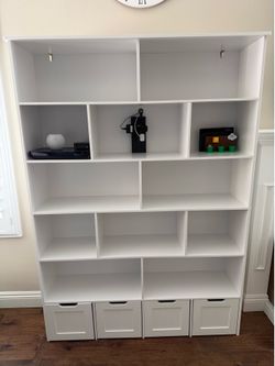 White 5-Tier Bookcase with Storage Bins I Toy Storage Organizer