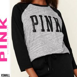 PINK Victorias Secret Gray Black T-Shirt Sparkle Logo Baseball Tee Campus