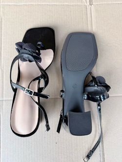 Black Patent Heeled Sandals with Floral Detail