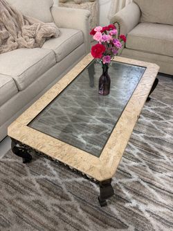 Marble Top Coffee Table w/ Glass Insert