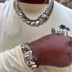 Miami Cuban Link While Gold Silver Plated Set Chain And Bracelet 