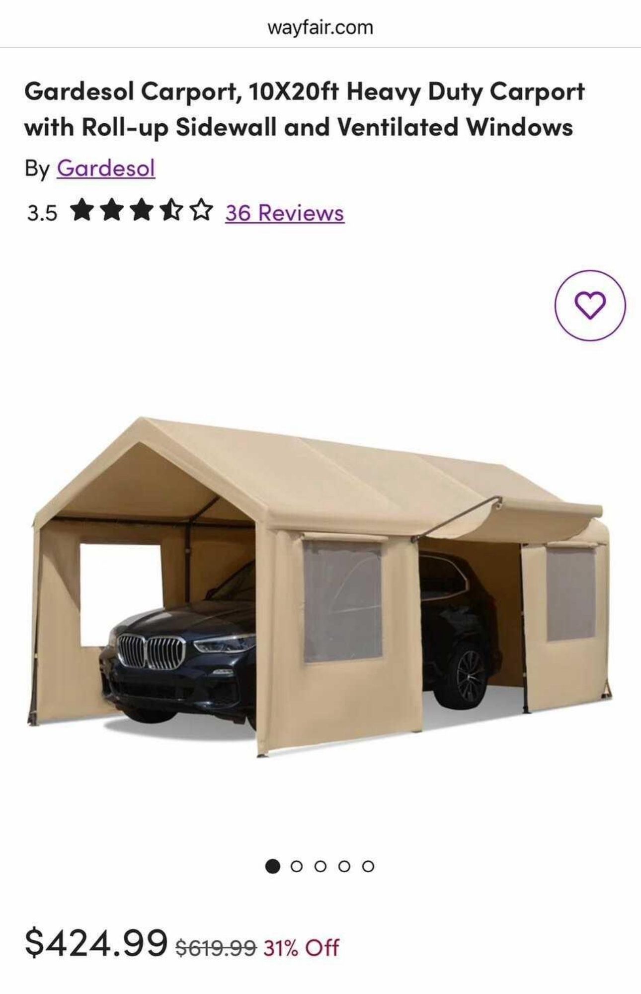 10x20 Heavy Duty Carport With Roll up Sides Ventilated Windows