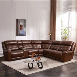 Concord Leather Reclining Sectional with Console — Brown/Burgundy Marbled
