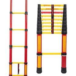 Compact Non Conductive Telescoping Ladder Commercial Grade 4m Long Fiberglass Extension Telescopic Ladders for Outdoor Electrical Work. Yellow Color