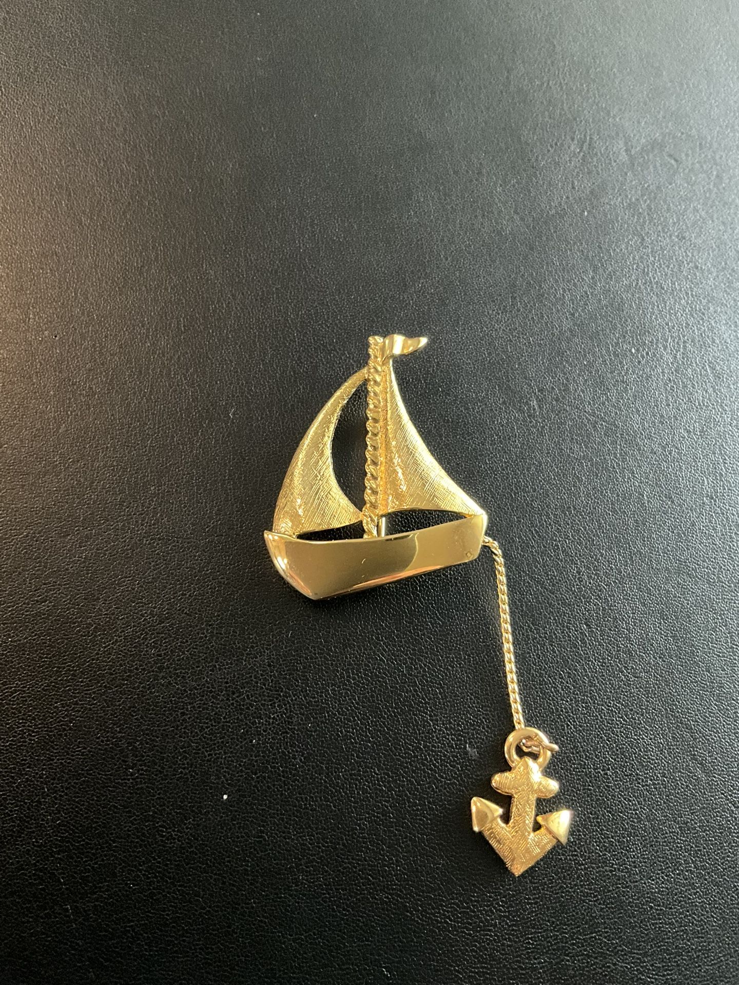 Anne Klein Gold Tone Sail Boat With Anchor Brooch Pin Signed AK
