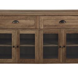 Farmhouse 2-Drawer 4 Glass Door TV Stand for TVs up to 58 Inches in Rustic Oak