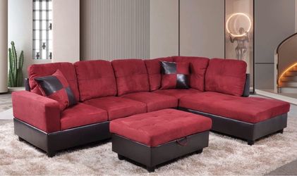 Red microfiber sectional couch and storage ottoman