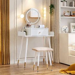 Vanity Desk, Makeup Vanity Desk with Mirror and Lights, 3 Color and Brightness Adjustable, Vanity Table with Power Outlet & Cushioned Stool, Small Van