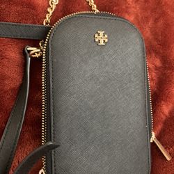 Tory Burch Mini Phone Crossbody – Black Saffiano Leather – Gold Hardware